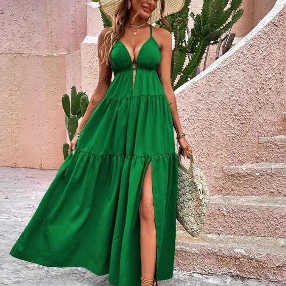 . Dresses & Skirts - Green Boho Womens Criss Cross Backless Split Thigh Maxi Dress